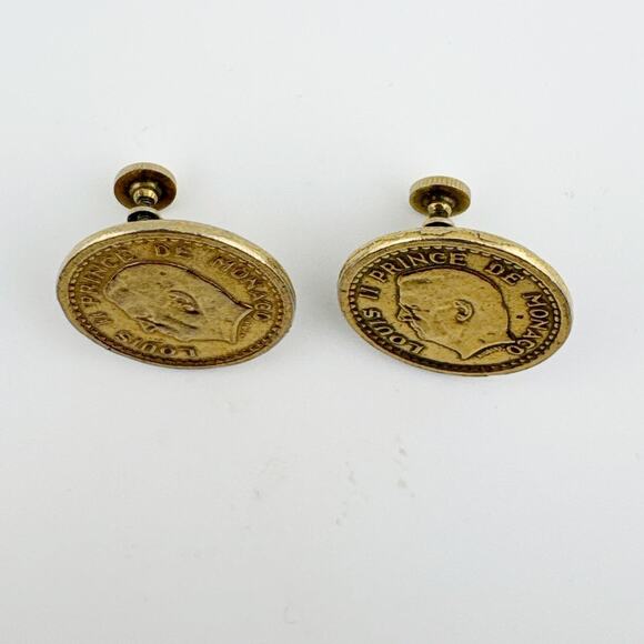 Vintage Louis II Prince de Monaco Coin Earrings - Gold Tone Screw Back Clip On - Picture 8 of 10